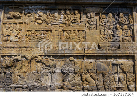Relief on the wall of Borobudur Temple (Java, Indonesia) 107157104