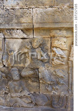 Manohara, the celestial maiden on the wall relief of Borobudur Temple (Java Island, Indonesia) 107157105