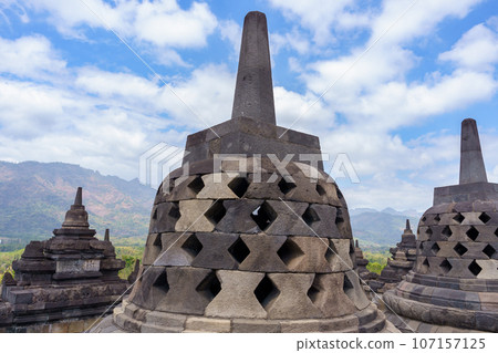 Borobudur Temple Stupa and blue sky (Java Island, Indonesia) 107157125