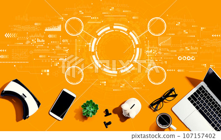 Tech circle with electronic gadgets and office supplies 107157402