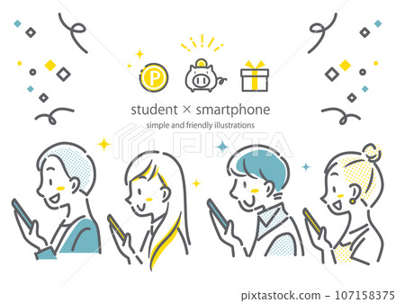 對智慧型手機感到滿意的大學生 — 簡單又時尚的線條畫插圖 107158375