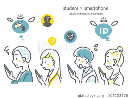 A simple and stylish line drawing illustration of a college student having problems with his smartphone. 107158376