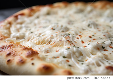 Alfredo pizza cheesy texture. White creamy hot cheese close up Alfredo pizza cheesy texture. White creamy hot cheese close up 107158633