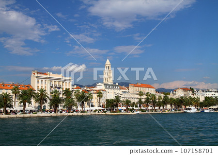 Split, a world cultural heritage site in Croatia, a port city on the Adriatic Sea, Diocletian's Palace and the cityscape across the sea Split, a world cultural heritage site in Croatia, a port city on the Adriatic Sea, Diocletian's Palace and the cityscape across the sea 107158701