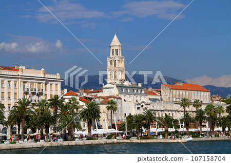 Split, a world cultural heritage site in Croatia, a port city on the Adriatic Sea, Diocletian's Palace and the cityscape across the sea Split, a world cultural heritage site in Croatia, a port city on the Adriatic Sea, Diocletian's Palace and the cityscape across the sea 107158704