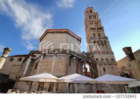 The bell tower of the cathedral in Diocletian's Palace, Split, a port city on the Adriatic Sea, a world cultural heritage site in Croatia The bell tower of the cathedral in Diocletian's Palace, Split, a port city on the Adriatic Sea, a world cultural heritage site in Croatia 107158941