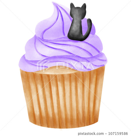 Halloween purple cup cake with black cat decoration on top Halloween purple cup cake with black cat decoration on top 107159586