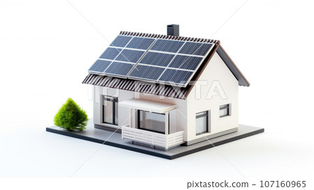 miniature house model with solar panel on roof on white background. smart home energy saving concept. generative AI miniature house model with solar panel on roof on white background. smart home energy saving concept. generative AI 107160965