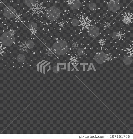 Snowfall, snowflakes in different shapes and forms. New Year and Christmas background with falling snowflakes on transparent. Vector 107161766