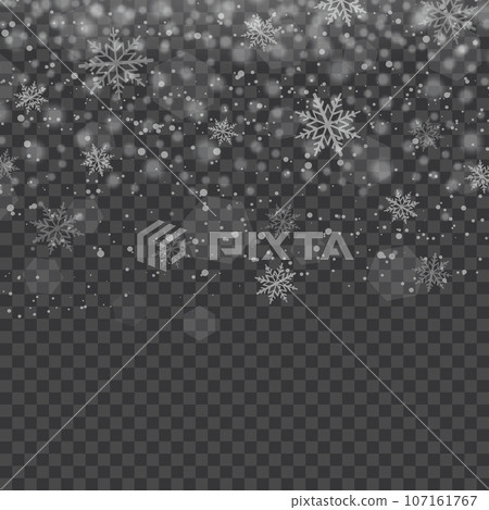 Snowfall, snowflakes in different shapes and forms. New Year and Christmas background with falling snowflakes on transparent. Vector 107161767
