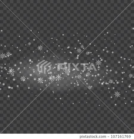 Snowfall, snowflakes in different shapes and forms. New Year and Christmas background with falling snowflakes on transparent. Vector 107161769