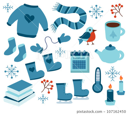 Winter elements set. Sweater, socks, boots, scarf, mittens, skates. Teapot and cup. Calendar December. Bird bullfinch. Snowflakes. Candles and books. Vector flat illustration. 107162450
