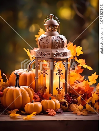 Autumnal decorations with latern. Yellow and red leafs and pumpkin with blurred background and space for text. 107162508