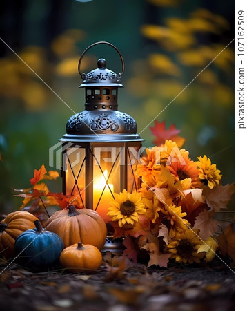 Autumnal decorations with latern. Yellow and red leafs and pumpkin with blurred background and space for text. Autumnal decorations with latern. Yellow and red leafs and pumpkin with blurred background and space for text. 107162509
