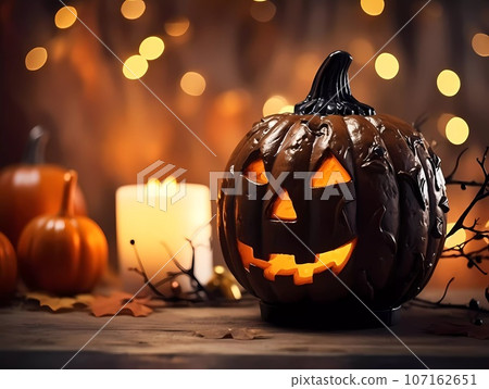 Halloween decorations background. Pumpkins on a dark background. Holiday Halloween Halloween decorations background. Pumpkins on a dark background. Holiday Halloween 107162651