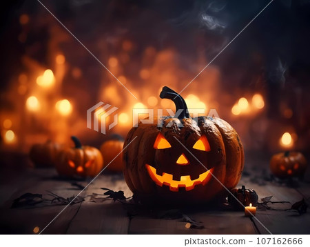 Halloween decorations background. Pumpkins on a dark background. Holiday Halloween Halloween decorations background. Pumpkins on a dark background. Holiday Halloween 107162666
