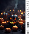 Halloween decorations background. Pumpkins on a dark background. Holiday Halloween 107162667