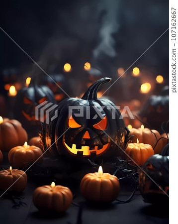 Halloween decorations background. Pumpkins on a dark background. Holiday Halloween 107162667