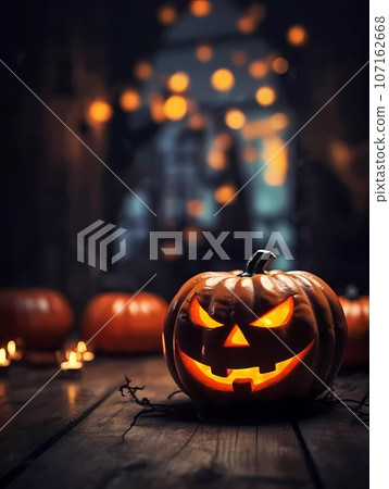 Halloween decorations background. Pumpkins on a dark background. Holiday Halloween Halloween decorations background. Pumpkins on a dark background. Holiday Halloween 107162668
