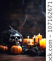 Halloween decorations background. Pumpkins on a dark background. Holiday Halloween 107162671