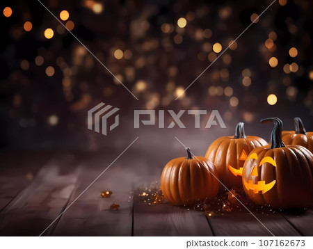 Halloween decorations background. Pumpkins on a dark background. Holiday Halloween Halloween decorations background. Pumpkins on a dark background. Holiday Halloween 107162673