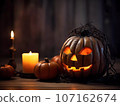 Halloween decorations background. Pumpkins on a dark background. Holiday Halloween 107162674