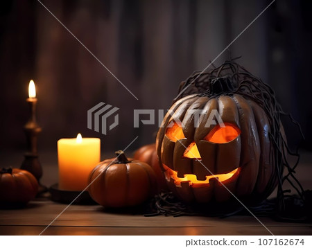Halloween decorations background. Pumpkins on a dark background. Holiday Halloween 107162674