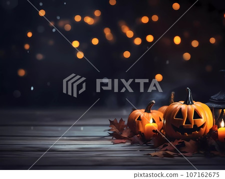 Halloween decorations background. Pumpkins on a dark background. Holiday Halloween Halloween decorations background. Pumpkins on a dark background. Holiday Halloween 107162675