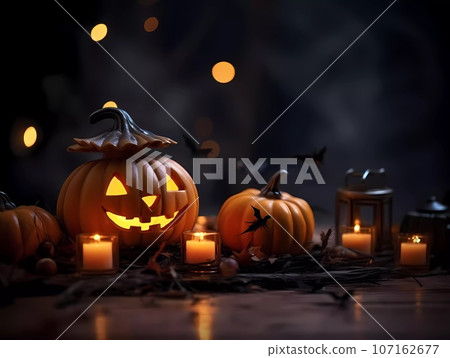 Halloween decorations background. Pumpkins on a dark background. Holiday Halloween 107162677