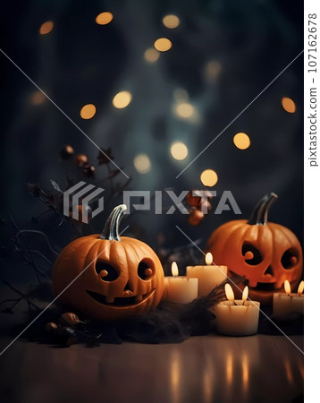 Halloween decorations background. Pumpkins on a dark background. Holiday Halloween Halloween decorations background. Pumpkins on a dark background. Holiday Halloween 107162678