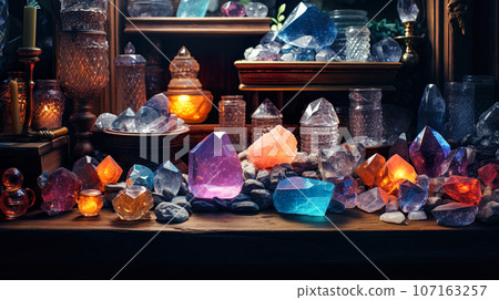 Many beautiful raw stones on the shelf "AI generated image" Many beautiful raw stones on the shelf "AI generated image" 107163257