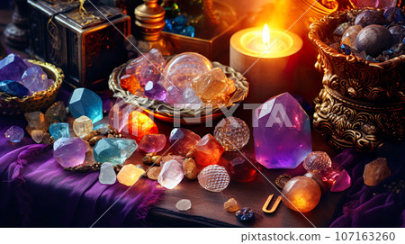 Many beautiful raw stones on the shelf "AI generated image" 107163260