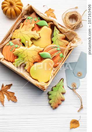 Multicolored autumn homemade cookies in a gift box Multicolored autumn homemade cookies in a gift box 107163406