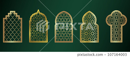 Golden Ramadan windows. Islamic door frames with ornament. Arabic mosque arch on green background. Islamic vector decoration 107164003