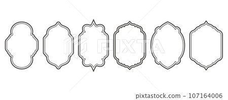 Ramadhan window frame shapes. Vector outline islamic arch and door. Muslim ornament label. Design elements isolated on white background. Traditional vintage symbols for decoration 107164006
