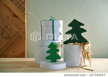 Christmas interior with different gifts. Christmas interior with different gifts. 107164927