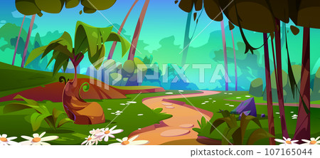 Outgoing path in forest among trees and flowers. 107165044