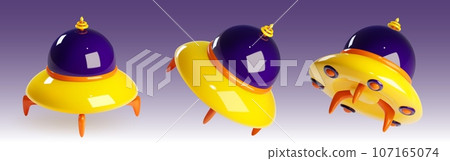 3D cartoon flying alien spaceship. 3D cartoon flying alien spaceship. 107165074