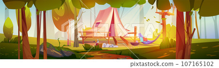 Forest camp tent and tree summer travel background 107165102