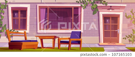House facade with lawn and garden furniture. House facade with lawn and garden furniture. 107165103