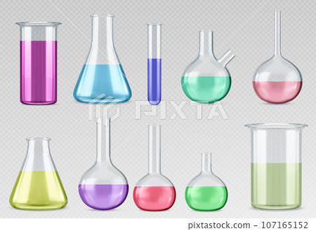 Chemistry laboratory flask with liquid for test 107165152