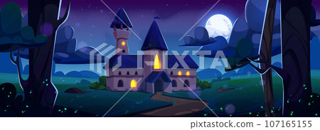 Medieval fantasy castle night cartoon landscape 107165155