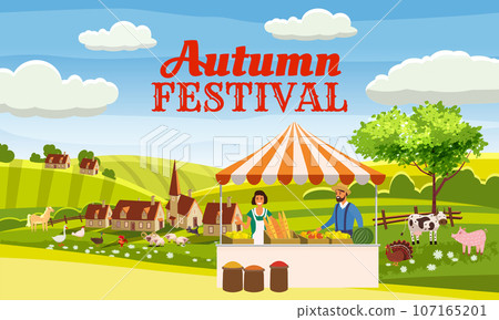 Autumn Festival fair local market countryside, apple tree, farm, rural village 107165201