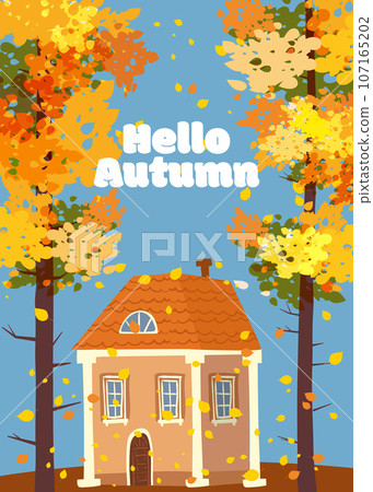 Hello Autumn landscape, woman in autumn coat walking the dog, house poster 107165202