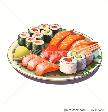 A plate of sushi isolated on white background. Generative AI 107165205