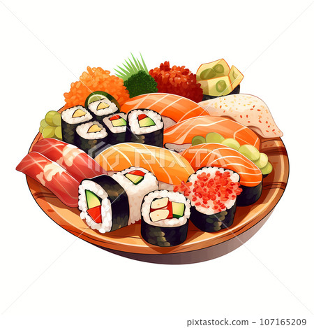 A plate of sushi isolated on white background. Generative AI 107165209
