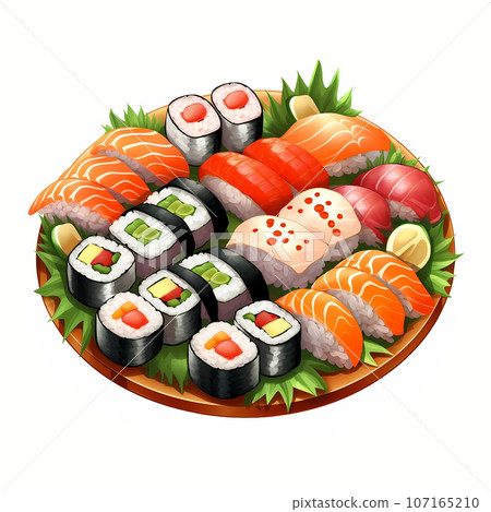 A plate of sushi isolated on white background. Generative AI 107165210