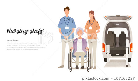 Vector illustration material: Nursing care, staff loading a senior woman in a wheelchair into a car Vector illustration material: Nursing care, staff loading a senior woman in a wheelchair into a car 107165257