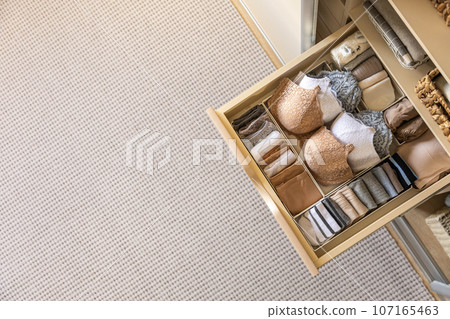 Drawer in the wardrobe with women's underwear, bras, briefs, socks and t-shirts. The concept of storage and order. 107165463