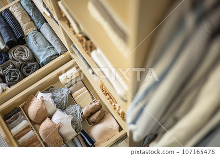 Modern wardrobe with stylish women's clothing. Drawer with underwear, t-shirts, socks and shorts. The concept of storage and order. Modern wardrobe with stylish women's clothing. Drawer with underwear, t-shirts, socks and shorts. The concept of storage and order. 107165478